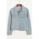 Plain Single Breasted Lapel Long Sleeve Denim Jacket with Two Front Pockets