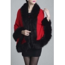 Women Faux Fur Shawl Wraps Cloak Coat Sweater Cape with Contrast Edge