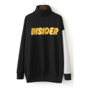 High Neck Contrast Long Sleeve Letter Print Tunic Pullover Sweatshirt