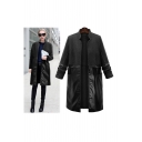 Oversized Leather Panel Stand-Up Collar Open-Front Coat