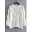 Tassel Front Round Neck Ribbed Knit Sweater