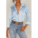 Fashion Notched Lapel Single Breasted 3/4 Length Sleeve Imitation Silk Shirt