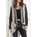Fashion Contrast Leather Long Sleeve Cocoon Plain Knitted Coat