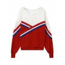 Oversized Cross Striped Color Block Panel Dropped Long Sleeve Pullover Sweatshirt