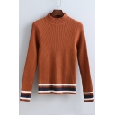 New Arrival Fall Winter Strip Trim Mock Neck Knitted Top