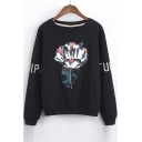 Oversized Embroidery Letter Floral Panel Thin Pullover Sweatshirt with Long Sleeve