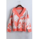 Fashion Relaxed V-Neck Dropped Long Sleeve Color Block Sweater