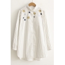 Stylish Star Embroidery Vertical Stripes Tunic Shirt