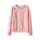 Chic Bird Floral Embroidery Round Neck Long Sleeve Sweatshirt