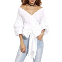 Women's Bow Waist-tie Ruffle Bell Sleeve Sweet Blouse Top