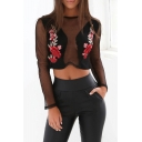 Women's Sexy Sheer Top Long Sleeve Floral Print Round Neck Tee