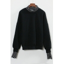 New Striped High Neck and Cuffs False Two-Pieces Pullover Sweatshirt