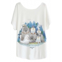 Cute Cartoon Seal Penguin Printed Batwing Short Sleeve Tee with Round Neck