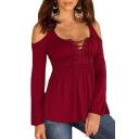 Women's Fitted Casual V Neck Cold the Shoulder Long Sleeve Tied Front Shirt Top