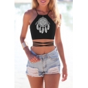 Sexy Women's Feather Printed Halter Tied Back Crop Tank Top