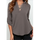 Women's Summer Blouses V Neck Cuffed Sleeve Blouse Shirts Tops