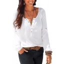 Womens Casual V Neck Blouses Linen Long Sleeve Button-Up Shirts Tops