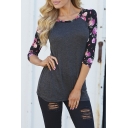 Women's Floral Printed 3/4 Length Sleeve Crew Neck Top T-Shirt