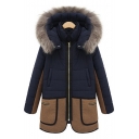 Women's Oversize Color Block Fur Hooded Zip Placket Winter's Cotton Coat