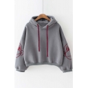 New Arrival Hooded Contrast Embroidery Monkey in Long Sleeve Cropped Hoodie