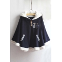 Popular Hooded Cat Embroidery Patchwork Contrast Hem Woolen Cape with Button