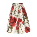Women's High Waist Print Floral Pleated Skirt Midi Skater Skirt One Size