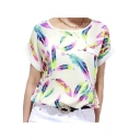 New Stylish Colorful Feather Printed Short Sleeve Tee