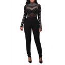 Women's Long Sleeve Sheer Rhinestone Bodycon Clubwear Jumpsuit Romper