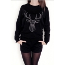 Women's Fashion Geometric Deer Print Round Neck Long Sleeve Basic Sweatshirt
