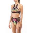 Women's Sexy Open Back Round Neck Gauze Geometric Print Bikini Set