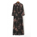 Women's Casual Lapel Collar Floral Print Long Sleeve Buttons Down Maxi Dress