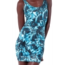 Blue Abstract Print Sleeveless Bodycon Tank Dress