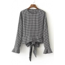 New Plaid Bow Back Ruffle Cuffs Round Neck Long Sleeve Blouse Top