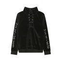 Women's High Neck Lace-Up Front Letter Embroidery Long Sleeve Casual Sweatshirt