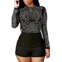 Women Sexy Crewneck Long Sleeve Rhinestone Bodycon Clubwear Party Jumpsuit Rompers