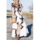 Fashion V-Neck Wrap Front Belt Waist Split Color Block Maxi Dress