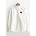 Women's Basic Single Breasted Long Sleeve Cat Embroidery Shirt