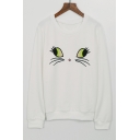 Cute Cat Face Printed Long Sleeve Round Neck Pullover Sweatshirt