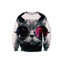 New Stylish 3D Glasses Cat Printed Round Neck Color Block Pullover Sweatshirt