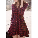 Fashion Lapel Single Breasted Plaid Color Block Long Sleeve Swing Hem Shirt Dress