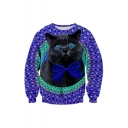 Unisex 3D Cat Printed Color Block Round Neck Pullover Sweatshirt