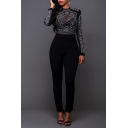 Women's Long Sleeve Sheer Rhinestone Bodycon Clubwear Jumpsuit Romper