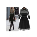 Women's Fashion Fake Two-Piece Round Neck Long Sleeve Striped Print Tulle A-Line Dress