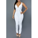 Sexy V-Neck Straps Sleeveless Double Breasted Plain Jumpsuits