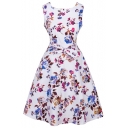 Women's Scoop Neck Sleeveless Floral Print A-Line Midi Flare Dress