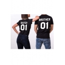 SISTER 01/BROTHER 01 Letter Number Printed Short Sleeve Round Neck Tee Top
