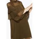 Chic Ruffle High Neck 3/4 Length Sleeve Plain Mini Dress