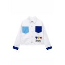 Contrast Pockets Embroidery Heart Letter Pattern Lapel Single Breasted Coat