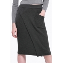 New Stylish Plain Wrap Front Knitted Midi Skirt with One Pocket