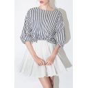 Women's Round Neck Striped Print Patched A-Line Sweet Style Mini Dress